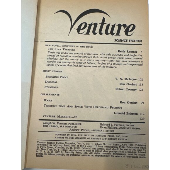 VENTURE Science Fiction 1969 Star Treasure Pulp Plague Ship Hour of the Horde SC - Picture 5 of 12